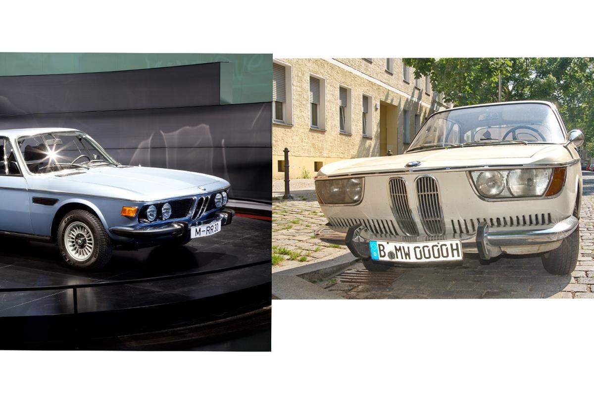 Deshalb tauschte der italienische Designer Giovanni Michelotti seinerzeit für den Nachfolger BMW E9 die rechteckigen Scheinwerfer gegen vier runde Leuchten (Links im Bild). Der Fahrzeugbug wurde pfeilförmig gestaltet und bekam eine matte schwarze Maske. Im Bild: Die neue und die alte Front.