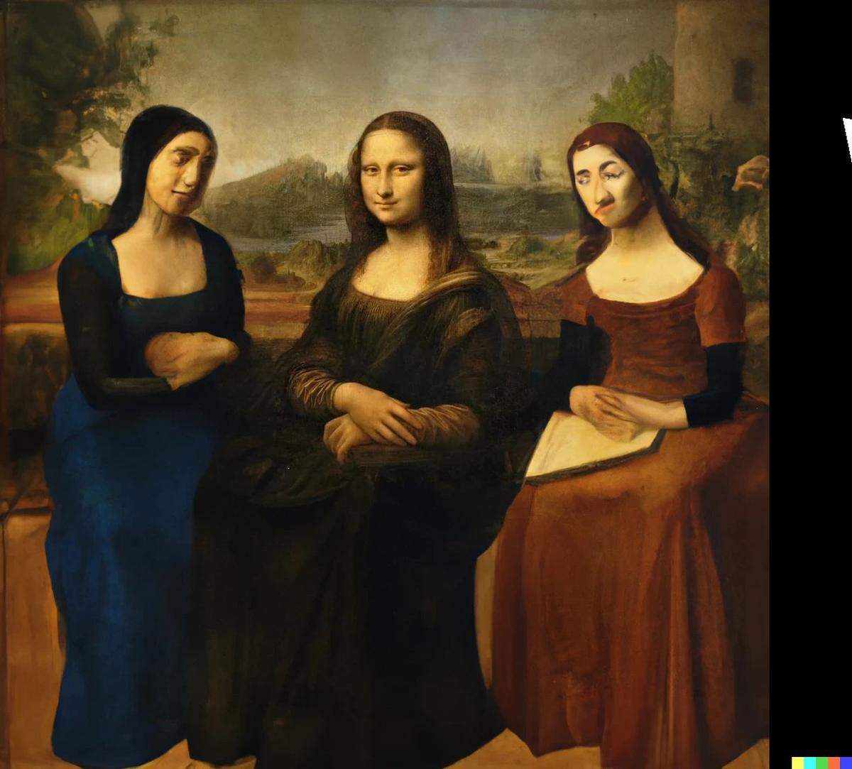<strong>Neben Mona Lisa. </strong>Auch bestehende Bilder kann Dall-E 2 erweitern. Und etwa um die Mona Lisa ein „italian renaissance painting of 3 women on a park bench“ malen. Typische Schwäche: die verformten Gesichter und Gliedmaßen der Figuren.