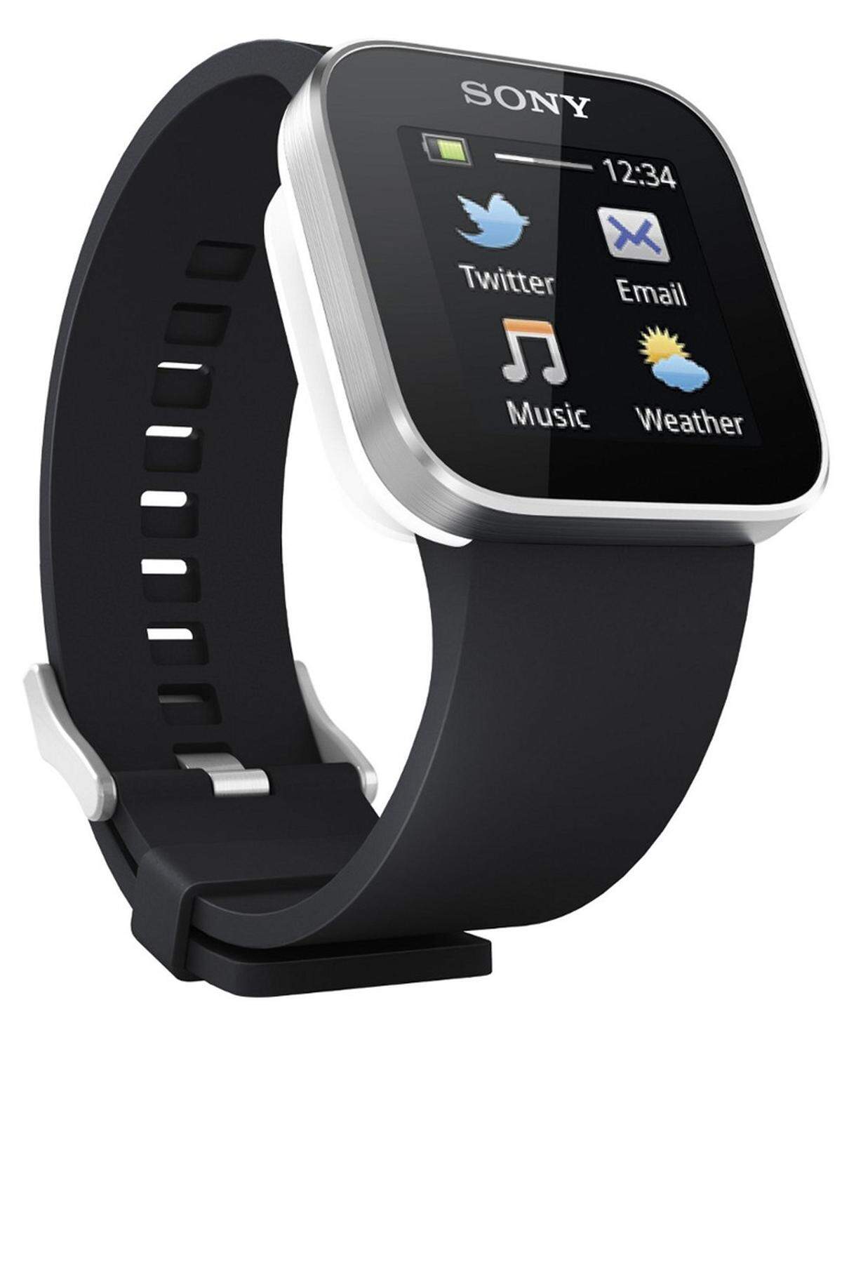 Sony hat bereits länger eine Uhr im Angebot, die sich per Bluetooth mit einem Android-Smartphone verbindet. Dem Vorsprung ist zu verdanken, dass in Androids Play Store mittlerweile eine stattliche Anzahl passender Apps verfügbar ist. Im Unterschied zu Samsungs Gear hat Sony jedoch keine Kamera verbaut. Hier zu sehen ist die erste Version der Uhr, die vergleichsweise günstig ist. Inzwischen hat der Hersteller aber ein weiters Modell auf den Markt gebracht ...  Sony Smartwatch, rund 70 Euro