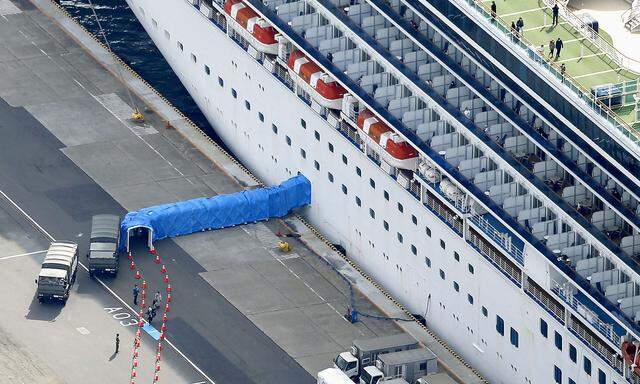 Passangiere verlassen nach und nach das Kreuzfahrtschiff "Diamond Princess" im Hafen von Yokohama.