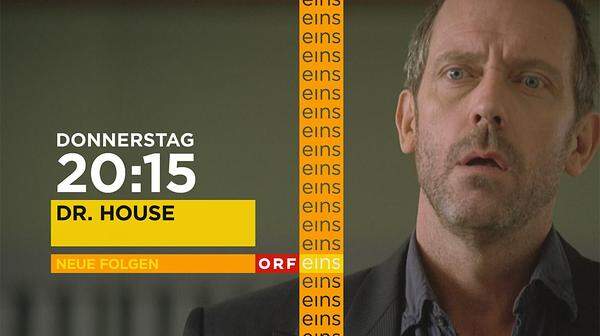 Uhrzeit und Tag werden bei Programmankündigungen als zentrales grafisches Element ins Bild gerückt. Hier etwa bei Dr. House.