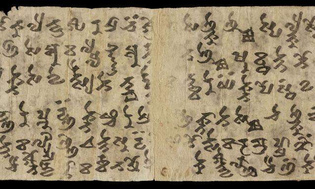 Welche Sprache wurde zuerst in Tarim Brahmi geschrieben? Vieles deutet auf Sanskrit hin, aber auch Tocharisch (siehe Fragment) nutzte die Schrift früh.