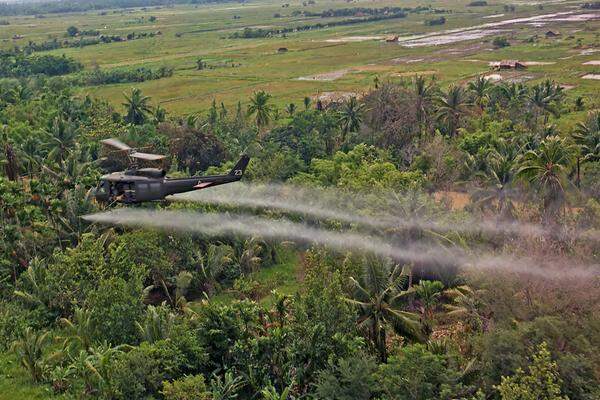 Die USA versprühten während des Vietnamkriegs in den 1960ern aus Flugzeugen Pflanzenvernichtungsmittel, um dem Vietcong und der Armee Nordvietnams die Deckung im Dschungel zu nehmen und die Landwirtschaft des Feindes zu vernichten. Eingesetzt wurde vor allem das berüchtigte „Agent Orange“, eine sehr komplizierte Essigsäureverbindung mit hohem Dioxingehalt, die sich im Boden festsetzte und noch heute weite Landstriche vergiftet. Das Dioxin sorgte für massenhaft Krebserkrankungen und Missbildungen bei Neugeborenen, mehr als eine Million Vietnamesen leiden unter den Folgen. Foto: US-Sprüheinsatz über dem Mekongdelta, Juli 1969