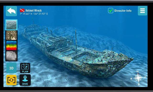 Ein Schiffswrack unter Wasser: Mit einer App kann man in den virtuellen Ozean eintauchen.