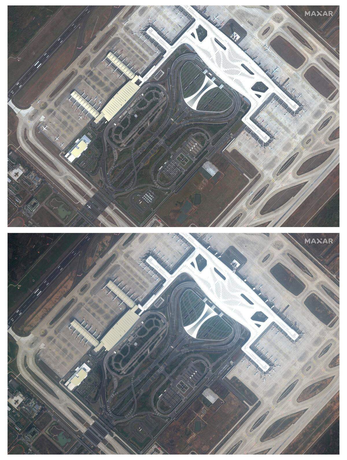 Dieser Vergleich zeigt den Flughafen Wuhan im Oktober. Wer genau hinsieht, kann erkennen, dass die Parkplätze in der der Mitte des Areals zu Zeit leer bleiben. Schwer zu erkennen, aber auch die Zahl der Flugzeuge ist geringer.