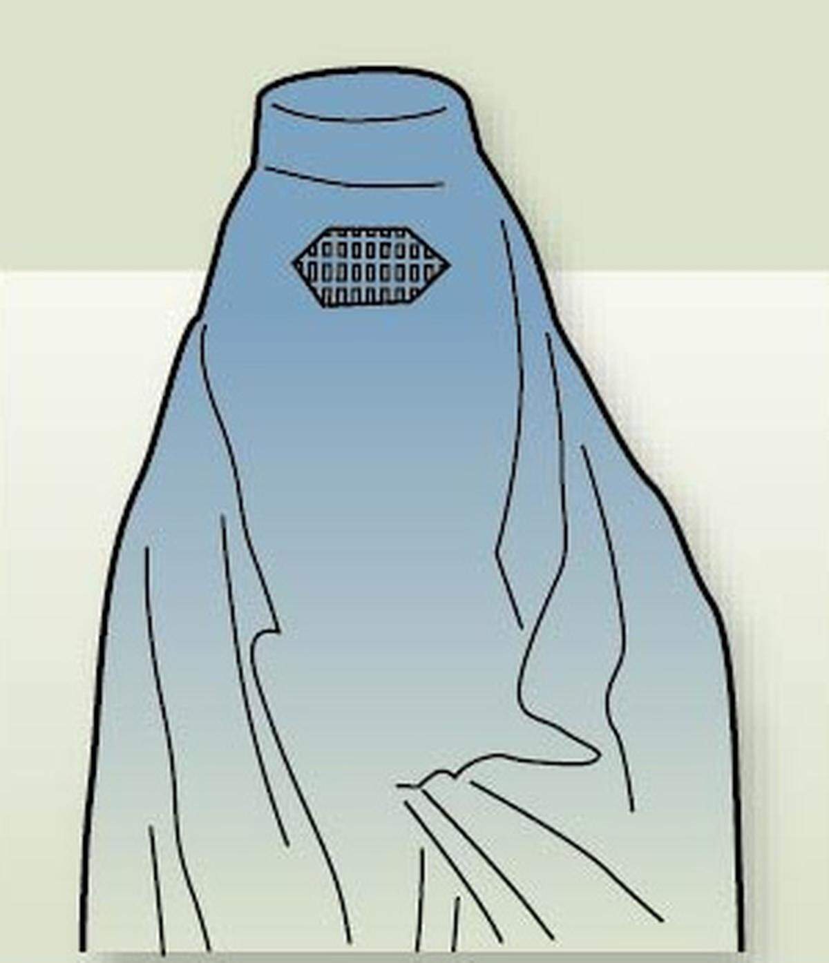 Mantel, der den gesamten Körper bedeckt, undurchsichtiges Gitter vor dem Gesicht. Verbreitung: Afghanistan
