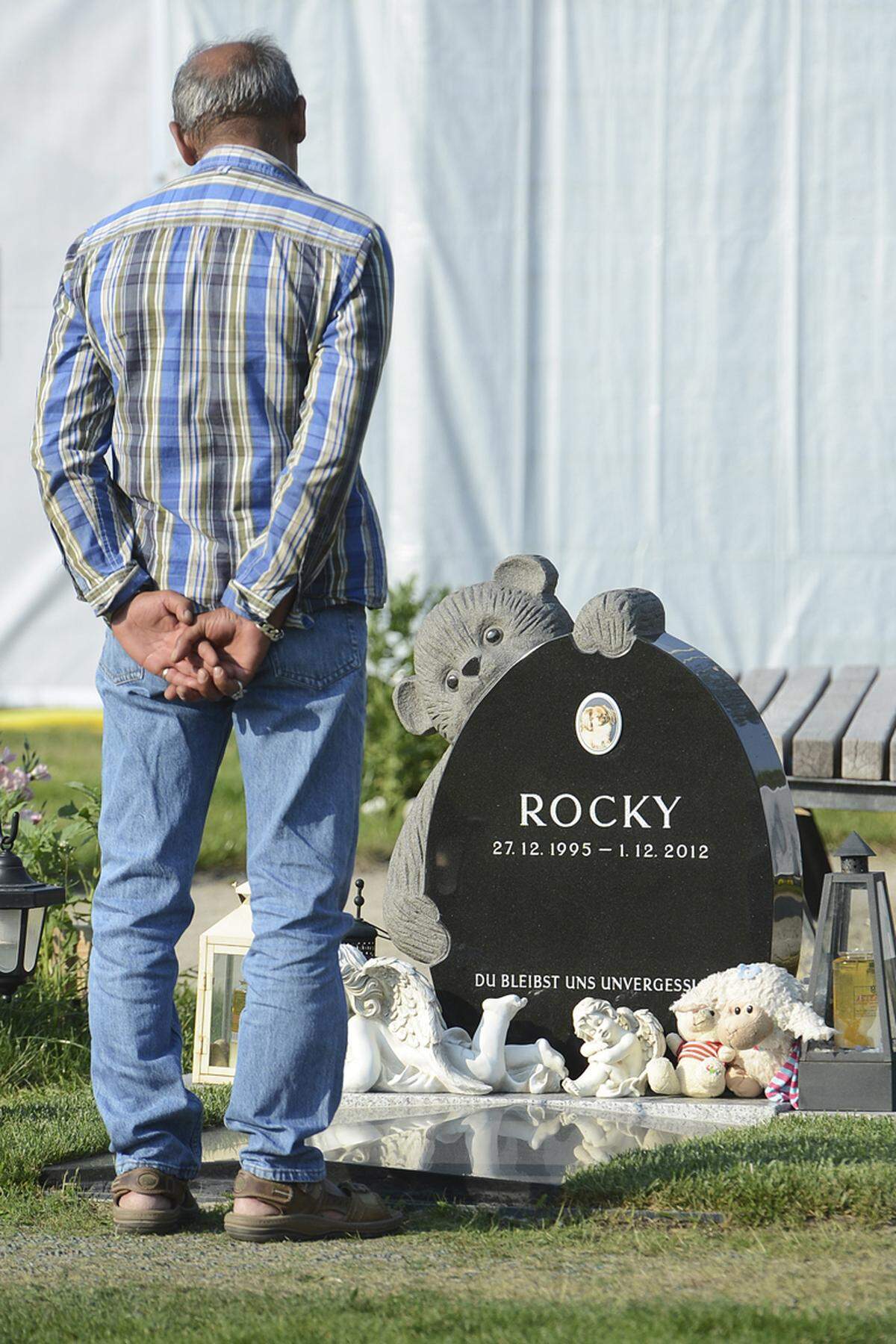 Ein Herr kommt tagtäglich, um seinen Pekinesen Rocky zu besuchen. Von 1995 bis 2012 waren die beiden rund um die Uhr unzertrennlich.