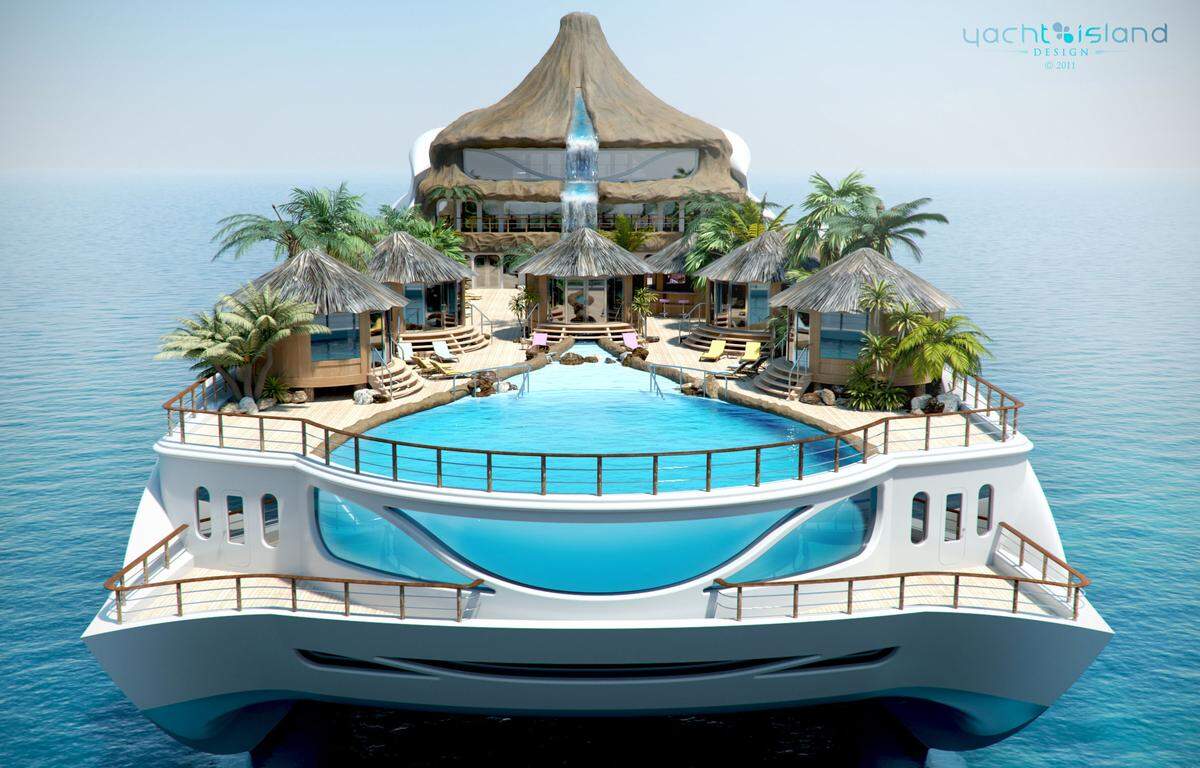 Dekandenz Deluxe: Wer sich zwischen Urlaub auf der eigenen Yacht oder einer einsamen Insel nicht entscheiden kann, für den ist die "Tropical Island Yacht" der Firma "Yacht Island Design" genau das Richtige.