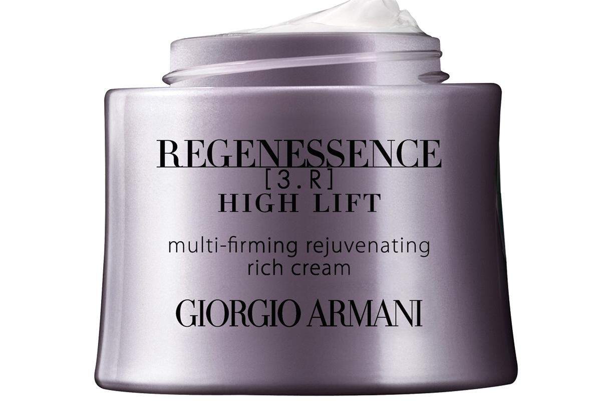 Das Enzym LOX-L identifizierte man in den Labors von Giorgio Armani als Garant für junge Haut, auf die die „Regeneressence 3.0 High Lift Cream“ einwirken soll. (50 ml um 95 Euro)