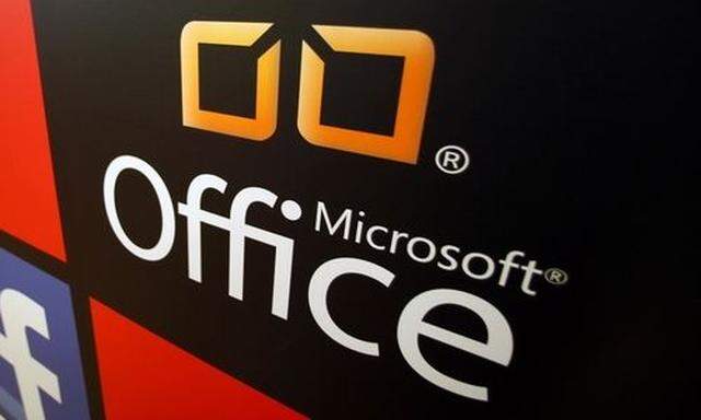 A Microsoft Office logo is shown on display at a Microsoft retail store in San Diego