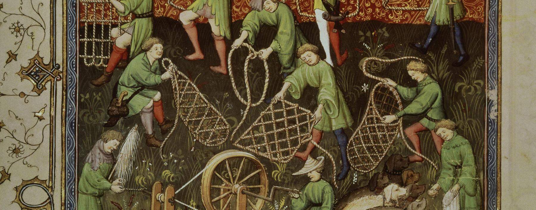 Die Buchmalerei aus dem 15. Jahrhundert zeigt eine Seilerei, in der Fangnetze hergestellt werden. 