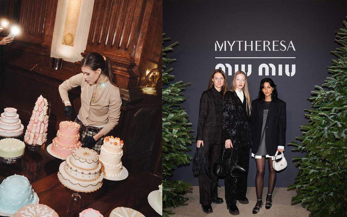 Sofia Stolz presented a brightly colored cake (left), and Marilyn Rubik, Anouk Lam Anouk and Sophie Royer pose with green fir trees. 