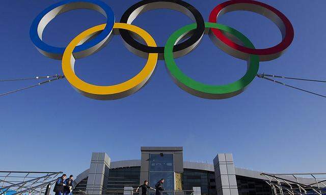 The Olympic rings are on display in front of a newly-built railway station in Sochi