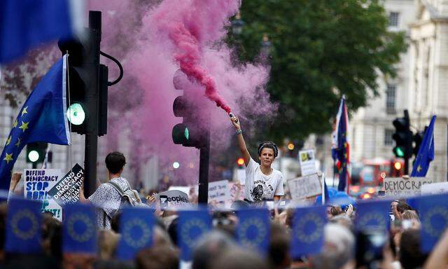 An anti-Brexit protestor releases colored smoke, outside the Houses of  Parliament in London