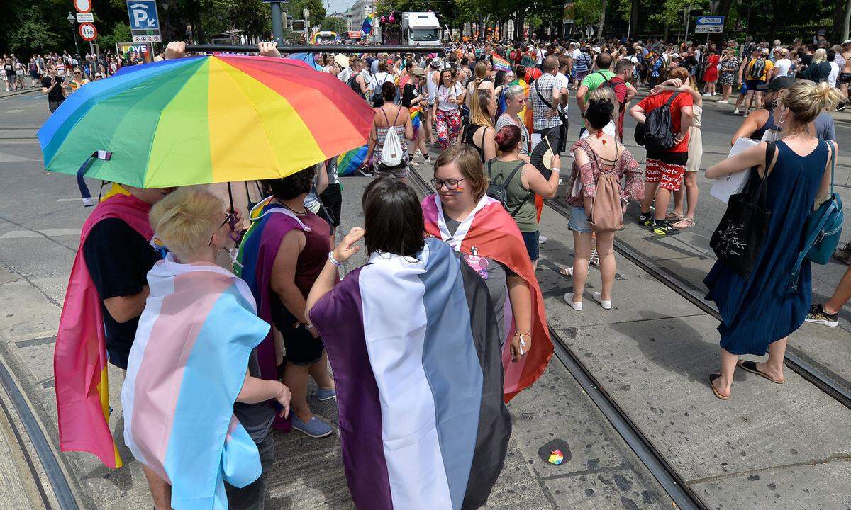 Sommerhitze, Menschenmassen und viel Party: Mit einer halben Stunde Verspätung ist die Wiener Regenbogenparade schließlich gestartet.