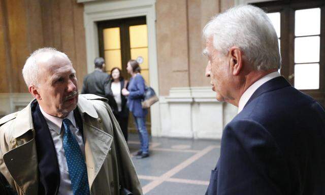 Austrian National Bank Governor Nowotny talks to his predecessor Liebscher at court in Vienna