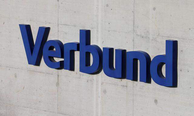 The logo of Austrian hydropower producer Verbund is pictured at its Freudenau hydro-electric power plant in Vienna