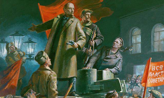 Die bürgerlichen Zeitungen hierzulande sahen in Lenin vor allem einen sozialistischen „Friedensbringer“. Das Gemälde von 1935 zeigt einen heroisierten Lenin mit Panzerwagen.
