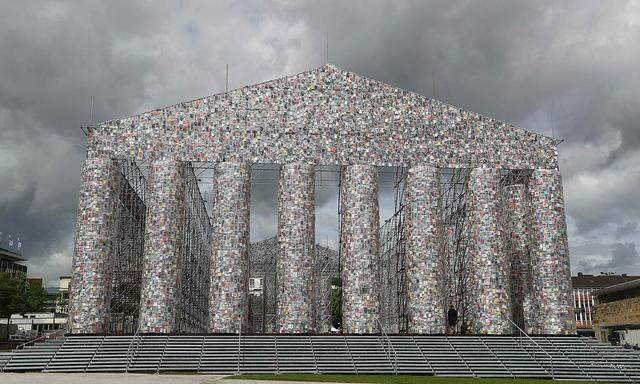 Picture shows ´Temple of books´ art project by Minujin ahead of the opening of Germany´s biggest art fair ´Documenta 14´ in Kassel,