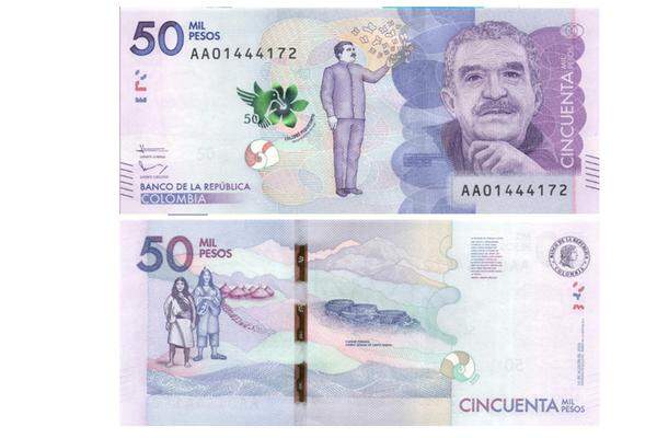 Kolumbien ist heuer ebenfalls nominiert. Auf dem 50.000-Pesos-Schein wurde der Literaturnobelpreisträger Gabriel José García Márquez verewigt. Auf der Rückseite zu sehen ist die Ciudad Perdida, neben Machu Picchu eine der größten präkolumbischen Städte Südamerikas.