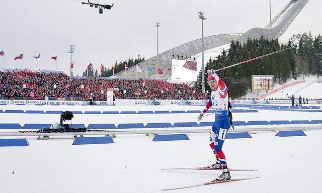 Emil Hegle Svendsen of Norway competes during the IBU World Championships Biathlon: Men 4x7.5 Relay Competition at Holmenkollen Ski Arena