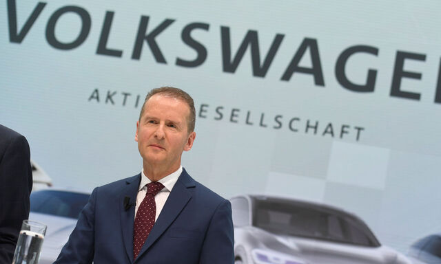 New VW CEO Diess addresses the media during a news conference at the Volkswagen plant in Wolfsburg