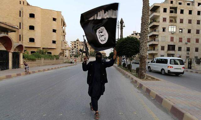 A member loyal to the ISIL waves an ISIL flag in Raqqa