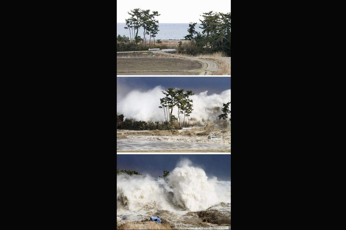 Eine Bilderkombi zeigt die Ankunft des Tsunamis an der Küste von Odaka.