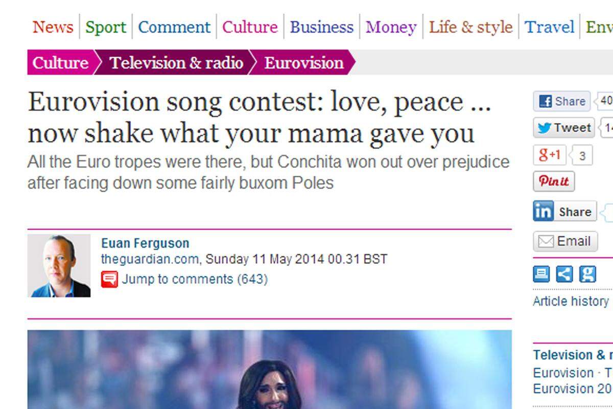 "Österreich hat es geschafft stilvoll zu gewinnen, mit der kein bisschen heterosexuellen bärtigen Drag-Queen Conchita Wurst, die einen Bond-Song mit dem Titel - wenn meine Notizen korrekt sind - "Rise like a Penis"."Zum Artikel