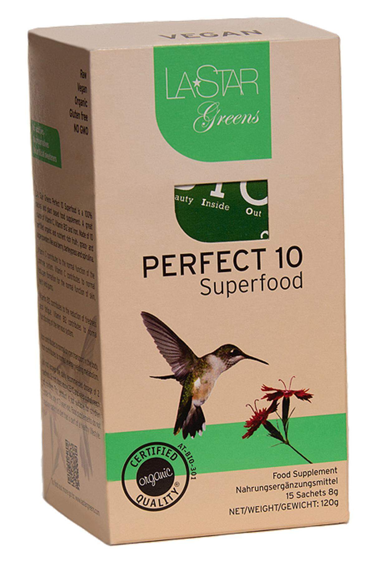 „Perfect 10 Superfood“ von L.A. Star Greens, 54 Euro, erhältlich etwa bei Maran Vegan, Stumpergasse 57, 1060 Wien