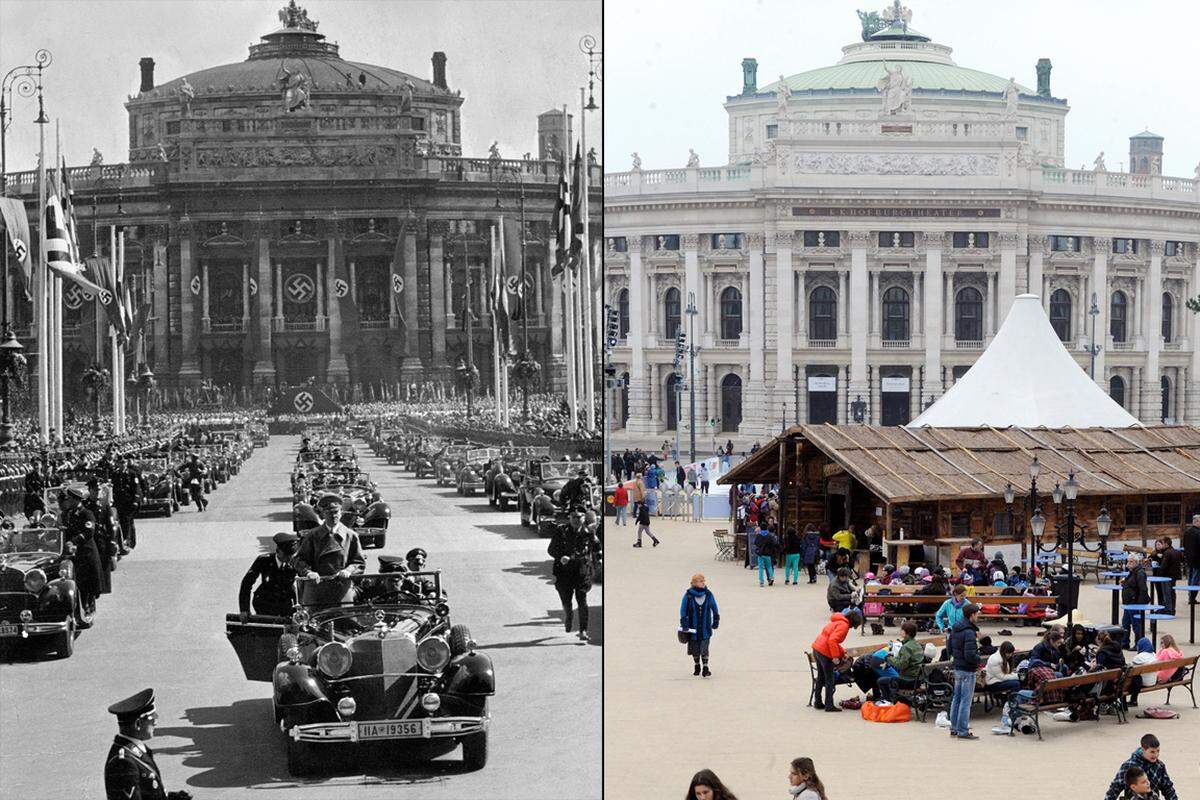 Der Rathausplatz, damals bereits umbenannt in "Adolf Hitler Platz, beim Einzug Hitlers - und eine aktuelle Aufnahme.