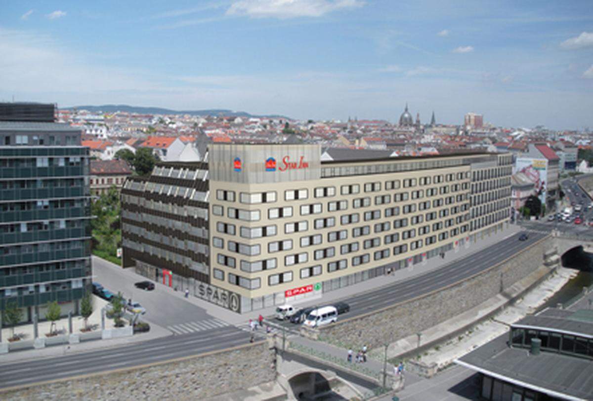 Baubeginn am Storchengrund in Wien: Bis 2013 entstehen auf dem 3711 Quadratmetern großen Grundstück an der Linken Wienzeile ein 3-Stern-Plus-Hotel der internationalen Hotelkette Star Inn, ein Spar Markt sowie eine Garage mit über 200 Stellplätzen.