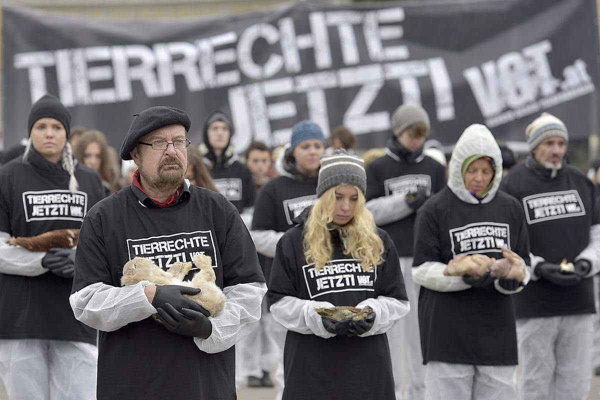 Der Verein gegen Tierfabriken (VGT) hat am Samstag in der Wiener Innenstadt eine Mahnwache mit 650 toten Tieren abgehalten.    