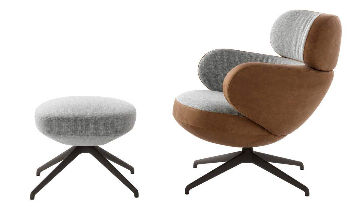 Duett. Sessel „Bibo“ mit Hocker in Stoff oder Leder, ein- oder zweifärbig, von Pode. Design: Roderick Vos, Preis auf Anfrage, www.pode.eu