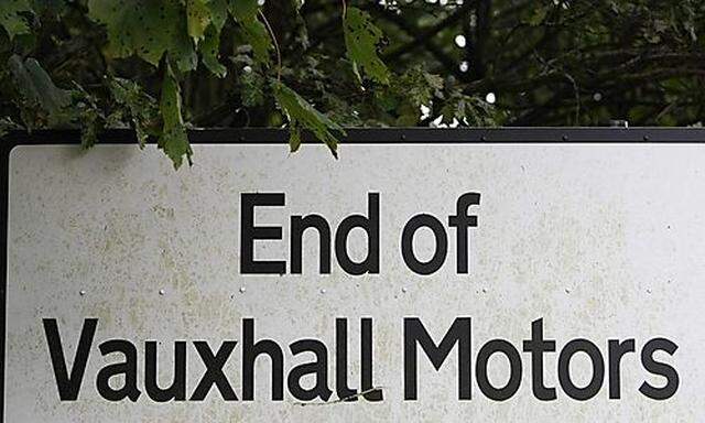 Part of a road sign is seen near the entrance to the Vauhxall motors Ellesmere Port plant in Cheshire