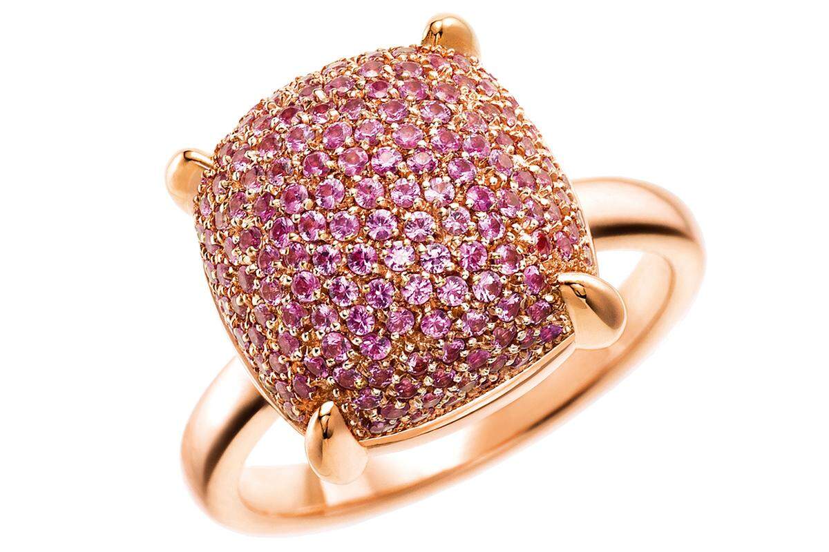 Paloma’s „Sugar Stack“-Ring aus Roségold mit pinkfarbenen Saphiren, 5550 Euro