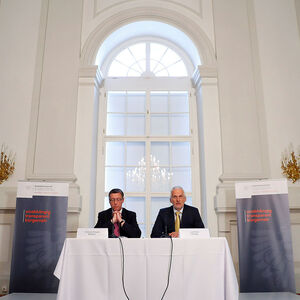 Austrian Justice Minister Josef Moser and Secretary General Christian Pilnacek attend a news conference in Vienna
