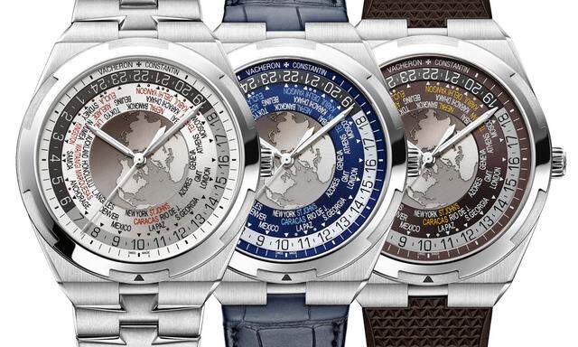 Die Vacheron-Constantin-„Overseas Weltzeituhr“ kann ganz-, halb- und viertelstündliche Abweichungen von der koordinierten Weltzeit (UTC) anzeigen. Ein silberfarbenes, blaues und braunes Zifferblatt stehen zur Wahl. Zu jeder Uhr bekommt der Kunde ein Stahl-, Leder- und Gummiband, das er selbst ganz einfach wechseln kann. Motor der Uhr ist Kaliber „2460WT“ der Genfer Manufaktur.