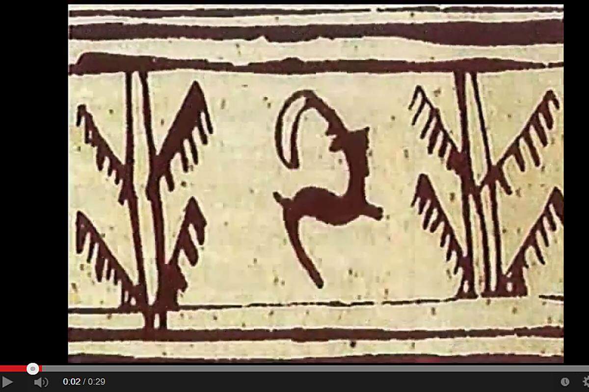 Das erste Daumenkino der Geschichte wurde von iranischen Archäologen entdeckt: Sie gruben eine Schüssel aus der Bronzezeit aus, auf der mehrere Bildchen einer Ziege abgebildet sind. Dreht man die Schüssel, beginnt die Ziege zu springen. Zum Video  Bild: Youtube (Oldest animated cartoon ever from 3000 years b.c)