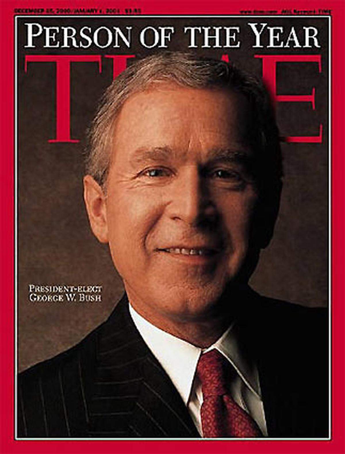 Bush hat in den zwei Perioden seiner Präsidentschaft einen weiten Weg zurückgelegt. Nach den Anschlägen vom 11. September 2001 hatte er quasi ganz Amerika bei seinem "Kampf gegen den Terror" hinter sich. Auch eine breite internationale Unterstützung war ihm sicher.Im Bild: Das Cover des Time-Magazins im Dezember 2000. 