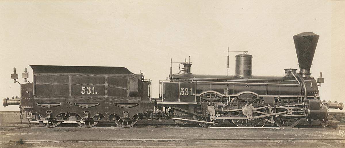 So wurden auch in Wien Lokomotiven hergestellt und ebenso fotografisch dokumentiert. Gustav Jägermayer: Lokomotive mit der Betriebsnummer 531, 1862