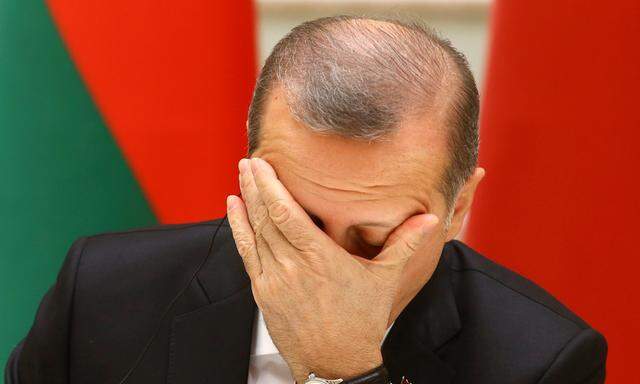 Turkish President Tayyip Erdogan reacts during signing ceremony with Belarussian President Lukashenko in Minsk