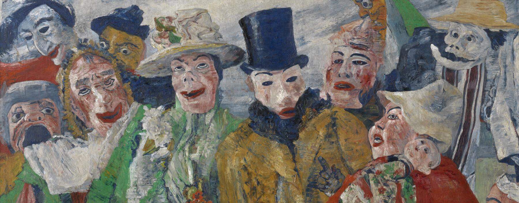 James Ensor dämonisierte die menschliche Psyche und Gesellschaft, vor allem mit seinen Maskenbildern. Hier in „Die Intrige“ (1890).
