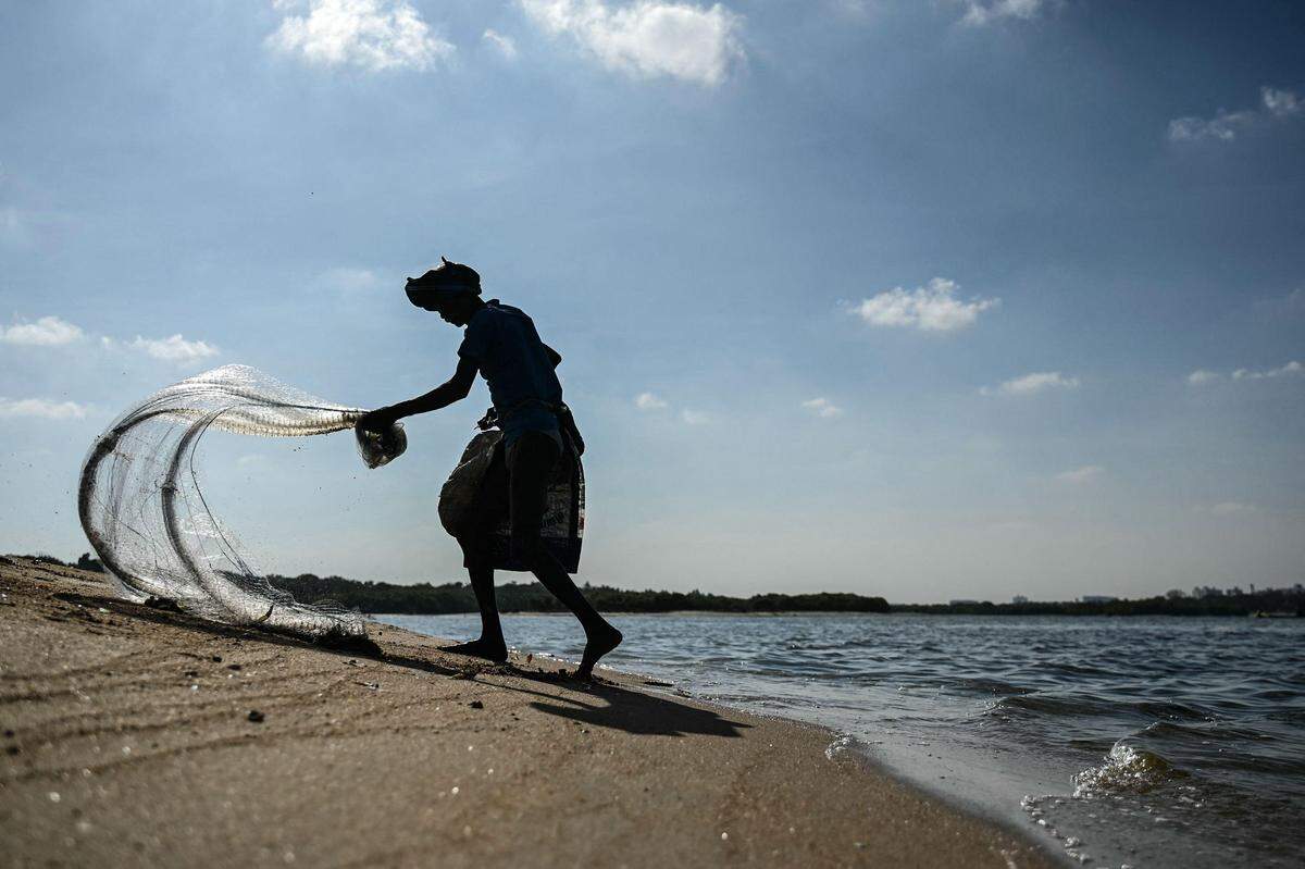 12. Februar. Ein Fischer trägt sein Netz nach dem Fang am Strand der indischen Millionenstadt Chennai.
