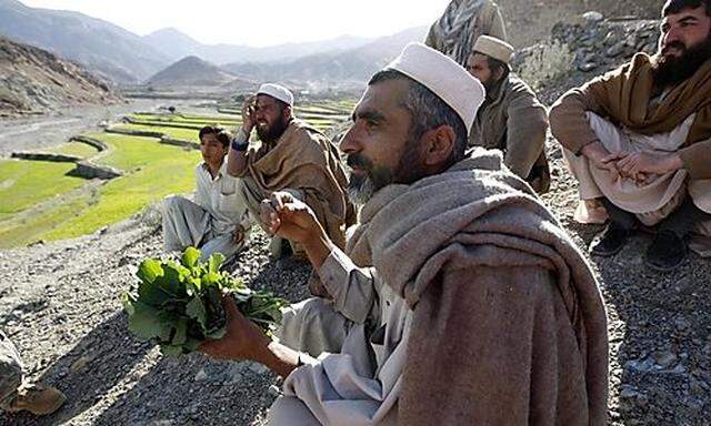 Afghan farmers speak with the commander of U.S. troops in the area during a patrol at Marauge village