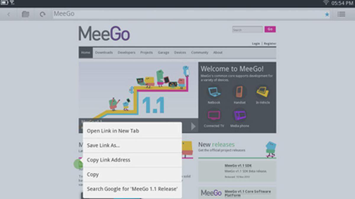 Der Browser von MeeGo mit Kontextmenü.