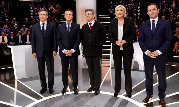 Wer wird nächster Präsident? Programmatisch haben der konservative Fillon, der liberale Macron, der marxistische Mélenchon, Rechtsaußen Le Pen und ihr sozialistischer Widersacher Hamon wenig gemeinsam. (von li.).