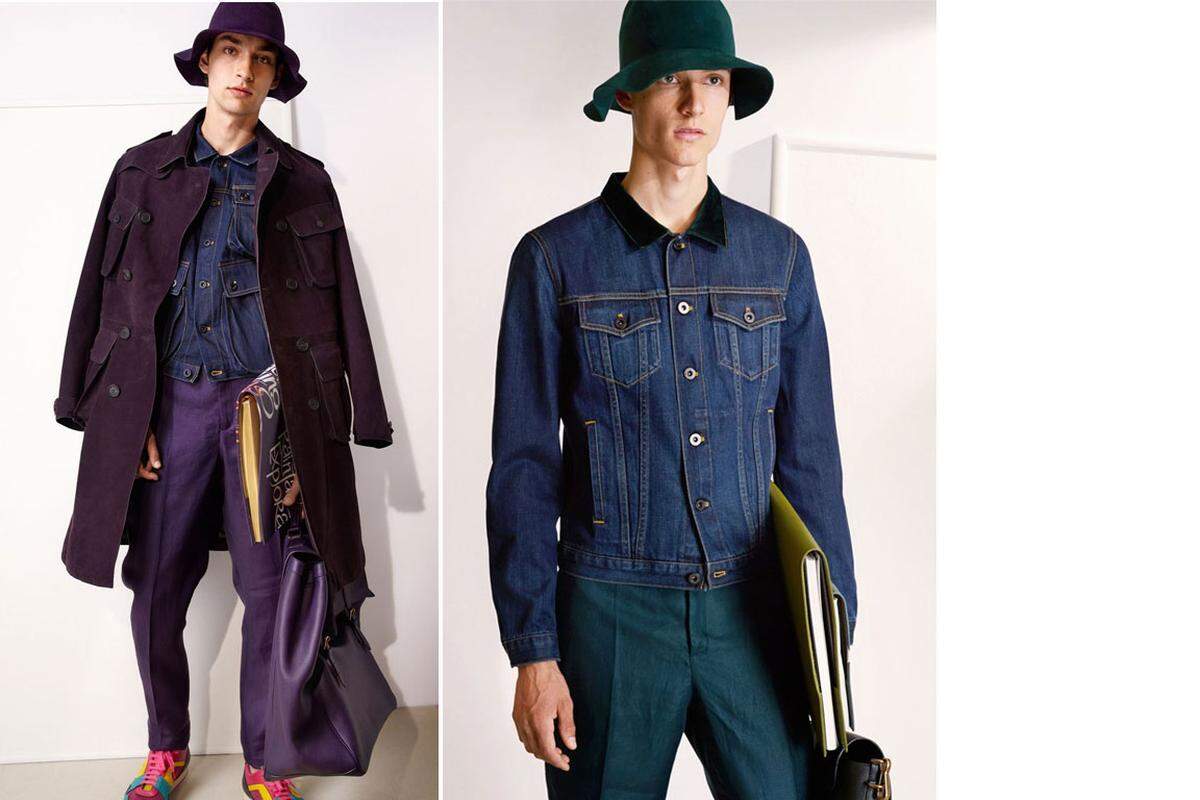 Blaumann Auch 2015 haben die Designer Jeanselemente fest eingeplant. So kombiniert Burberry Prorsum Jeanshemden zu Samtsakko, Seidenhose und Sneakern. Der japanische Designer Jun'ya Watanabe arrangiert ein Patchwork aus Denim und anderen Stoffen.