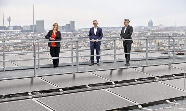 Umweltmnisterin Leonore Gewessler, Staatssekretär Magnus Brunner und Vizekanzler Werner Kogler. 