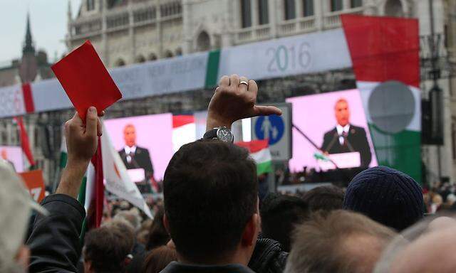 Manche Regierungsgegner drückten ihren Protest gegen die Regierung Orban am Kossuth-Platz aus.